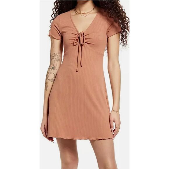 BP Tie Front Lettuce Edge Mini Dress, Tan Color Women Size M, Rib Knit Dress - Picture 1 of 13